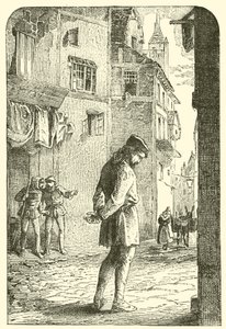 Bernard Palissy, a hugenotta fazekas, lehajtott fejjel az utcán alkotó: English School